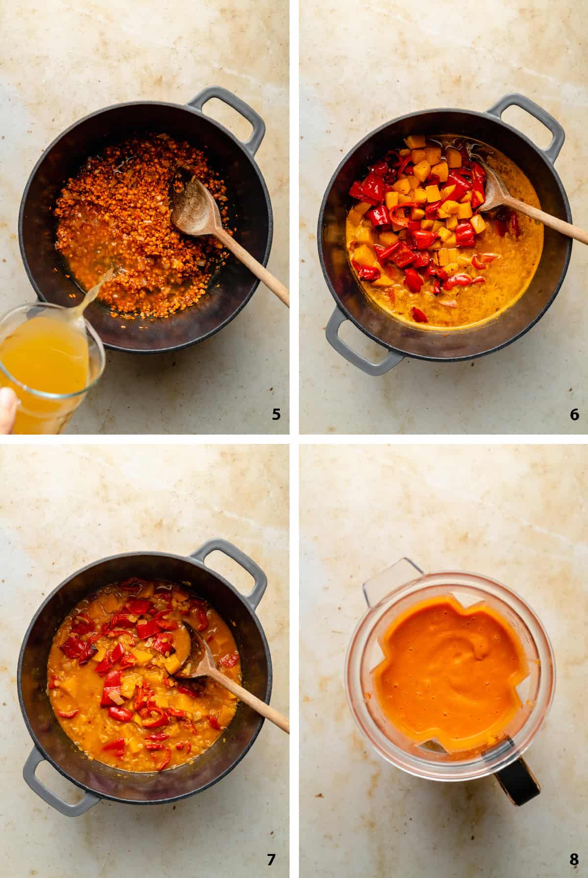 Step by step process of adding stock, simmering and blending the soup.