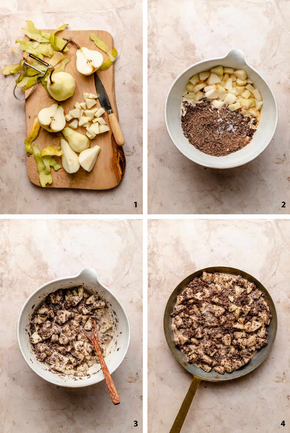 Process steps preparing the pear crumble filling, mixed together with chocolate and cream.