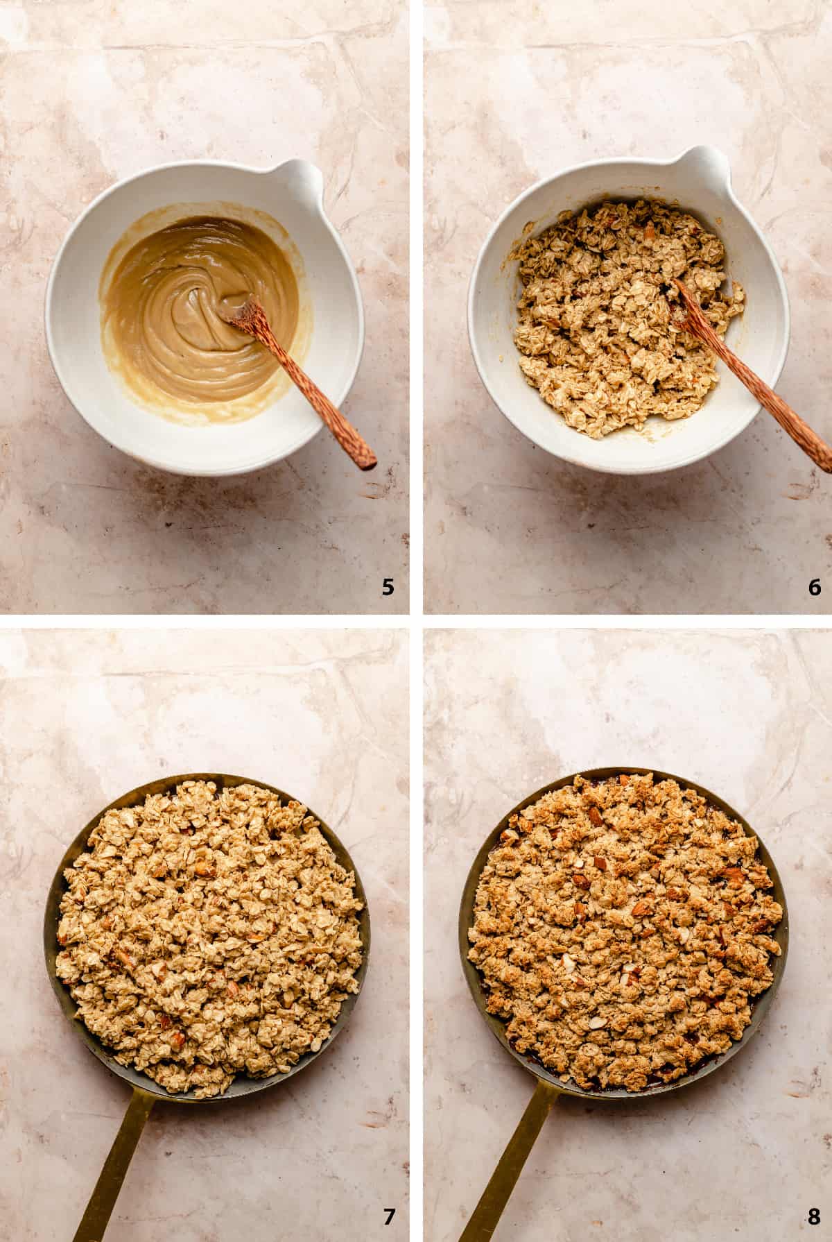 Process steps of making the oat and almond crumble topping, assembling the crumble and baked.