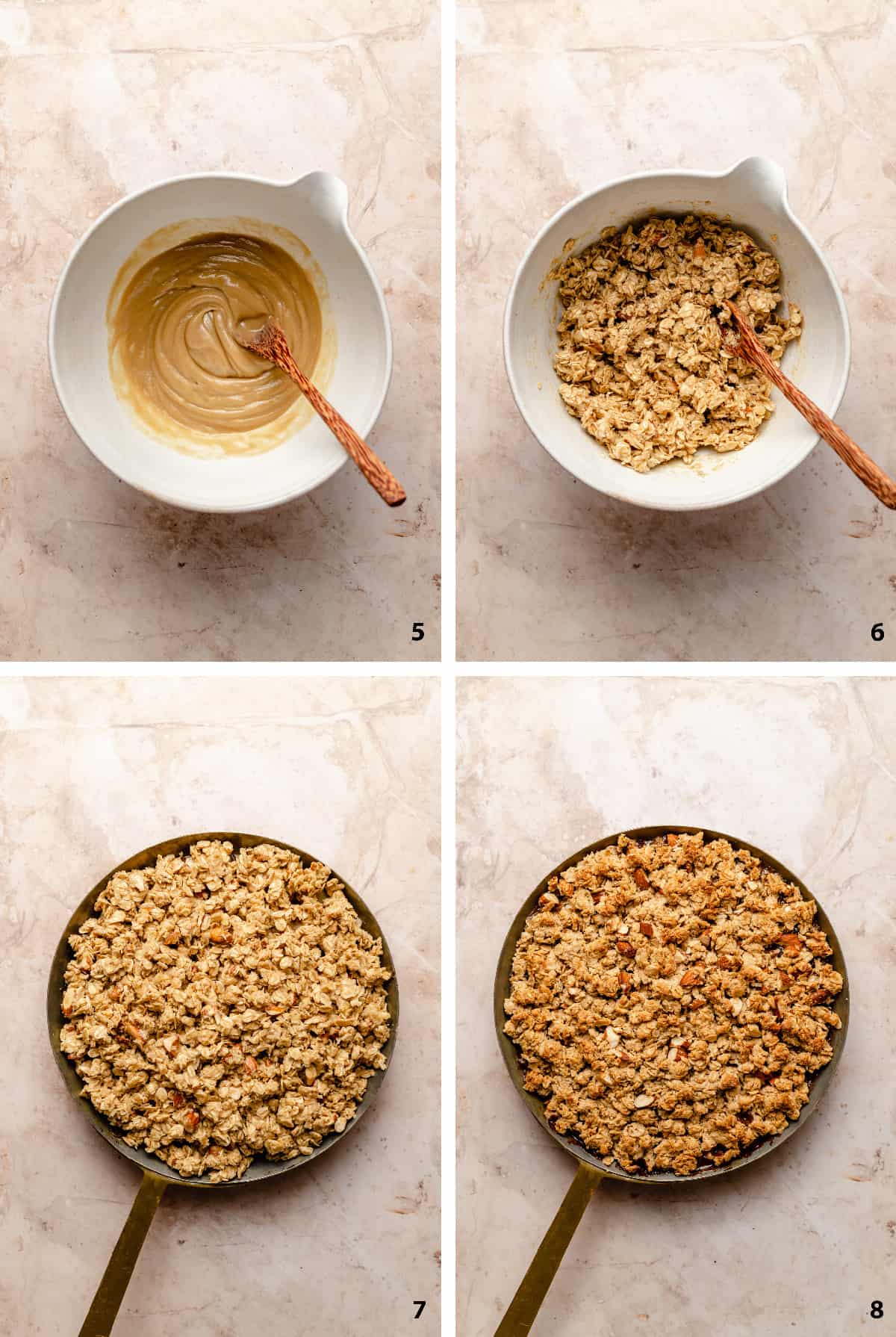 Process steps of making the oat and almond crumble topping, assembling the crumble and baked. 