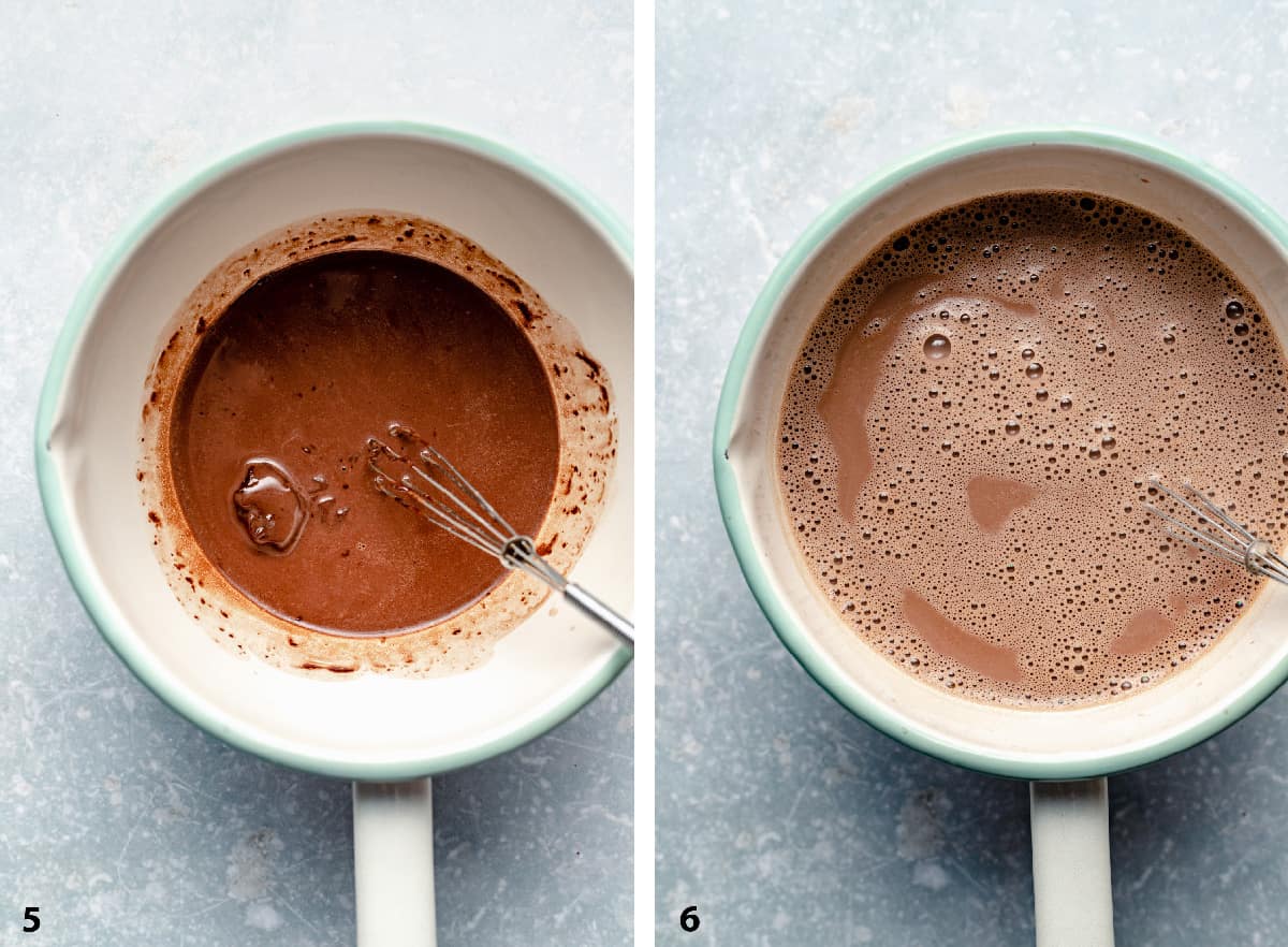 Process photos of melting ganache into hot milk and a pan of peppermint hot chocolate. 