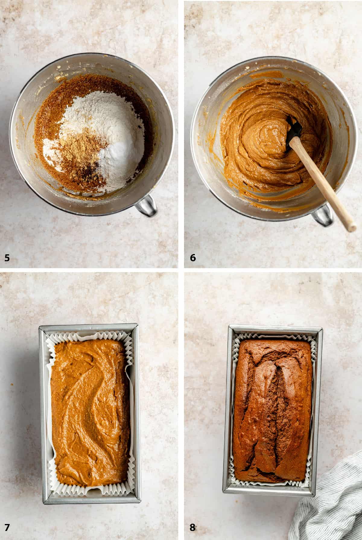 Proces steps for finishing the batter and it in a lined loaf tin pre and post baking. 