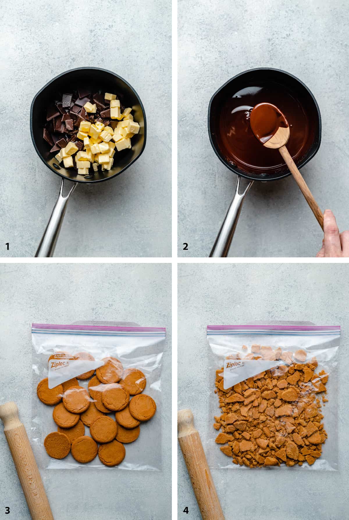 Process steps of main chocolate ingredients in pan, melted chocolate in pan and broken up ginger nuts. 