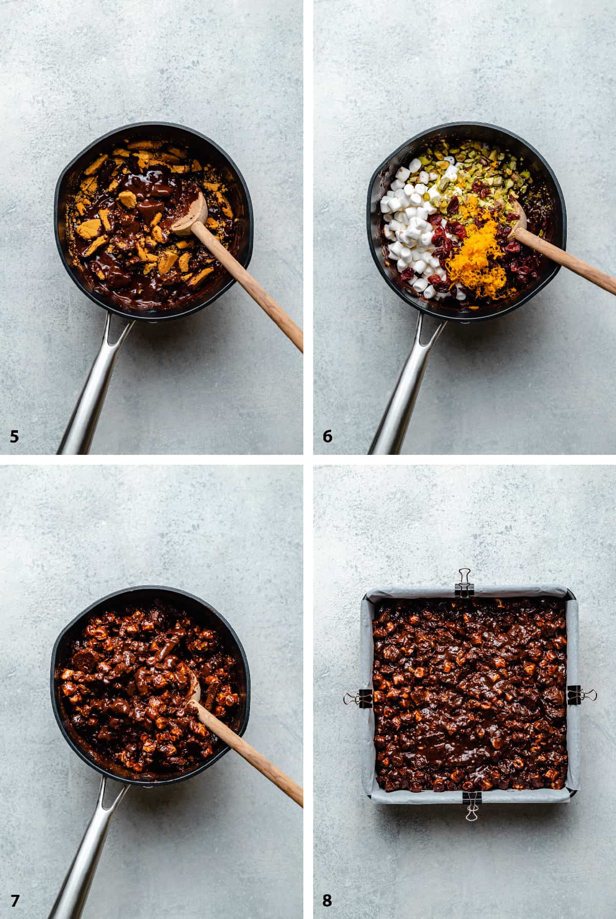 Process of stirring in broken biscuits, then adding marshmallows, cranberries, pistachios, orange zest and mixing, laid in a tray.