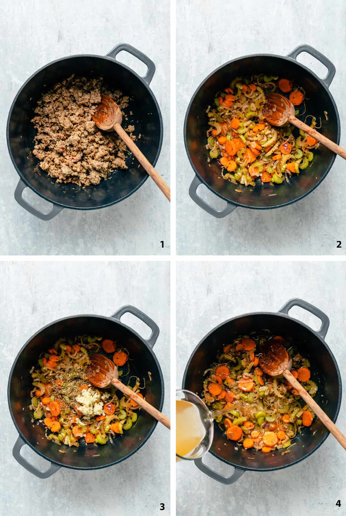 Process steps for browning sausage, sauteing vegetables, adding spices and adding stock. 