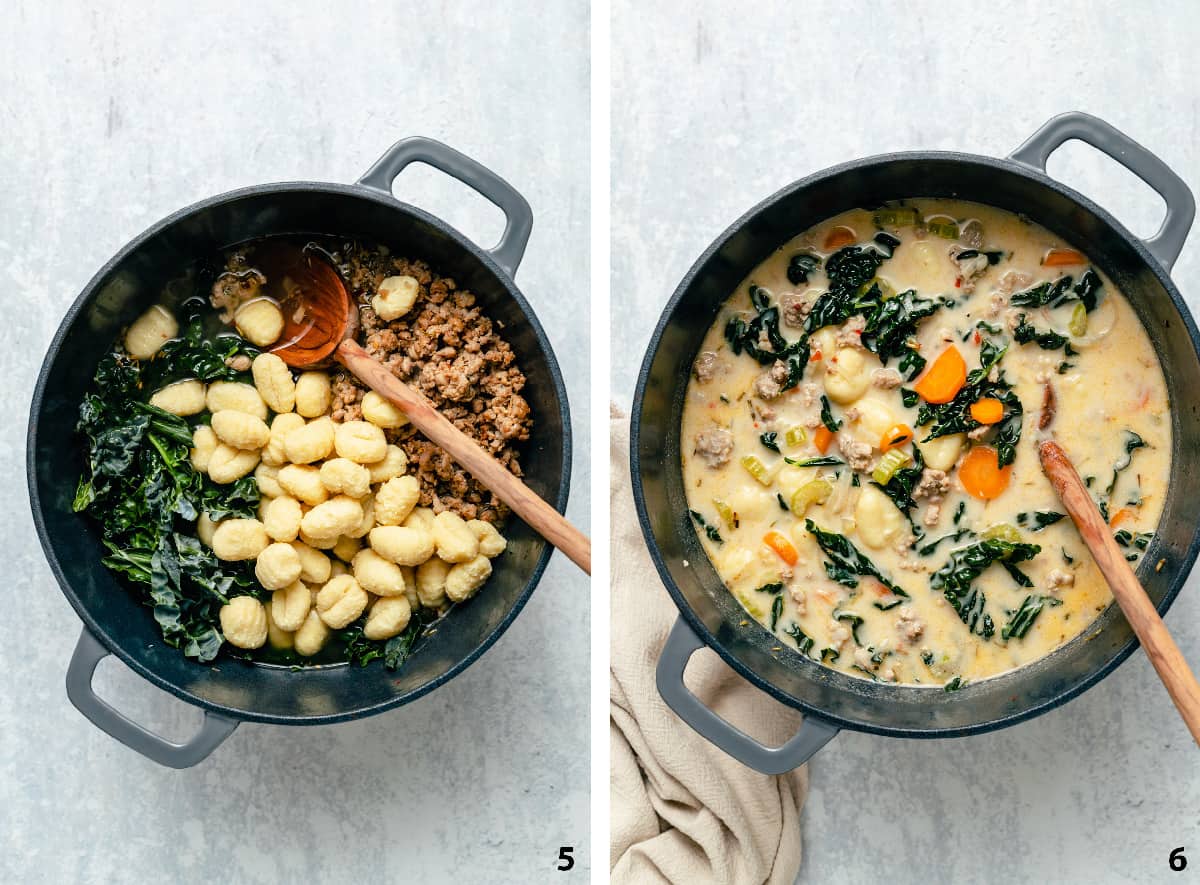 Process steps of adding kale, sausage meat and gnocchi back to the soup and the finished creamy soup.