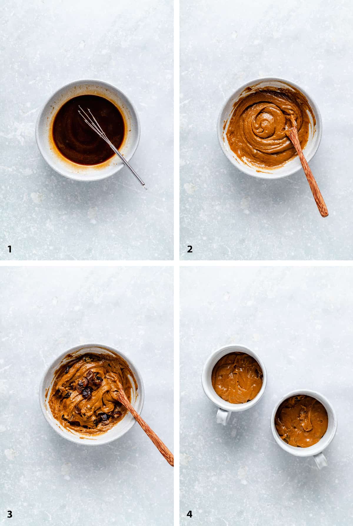 Process steps of creating the batter for the mug cake, folding through dates and putting in mugs. 