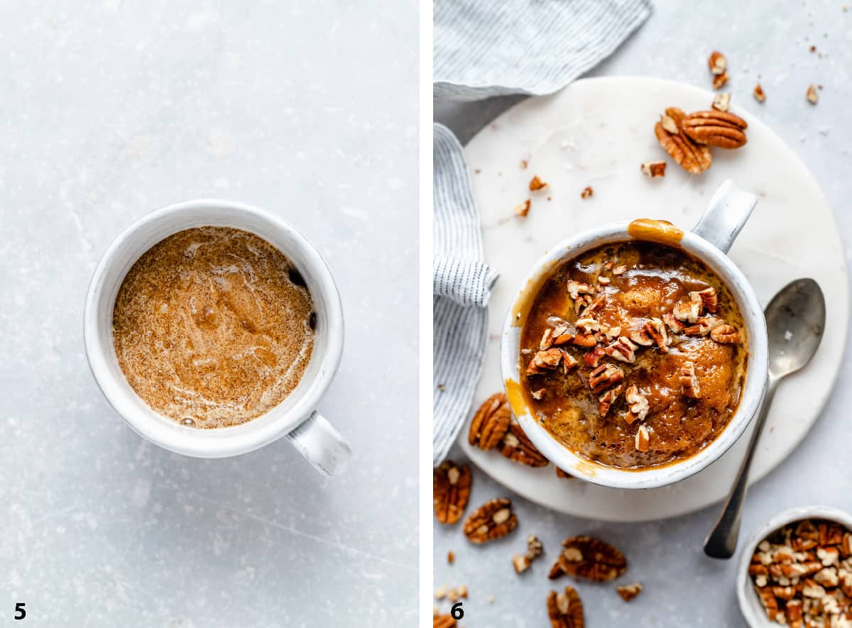 Process steps of pouring the toffee sauce mix on top of the batter and final microwaved mug cake.