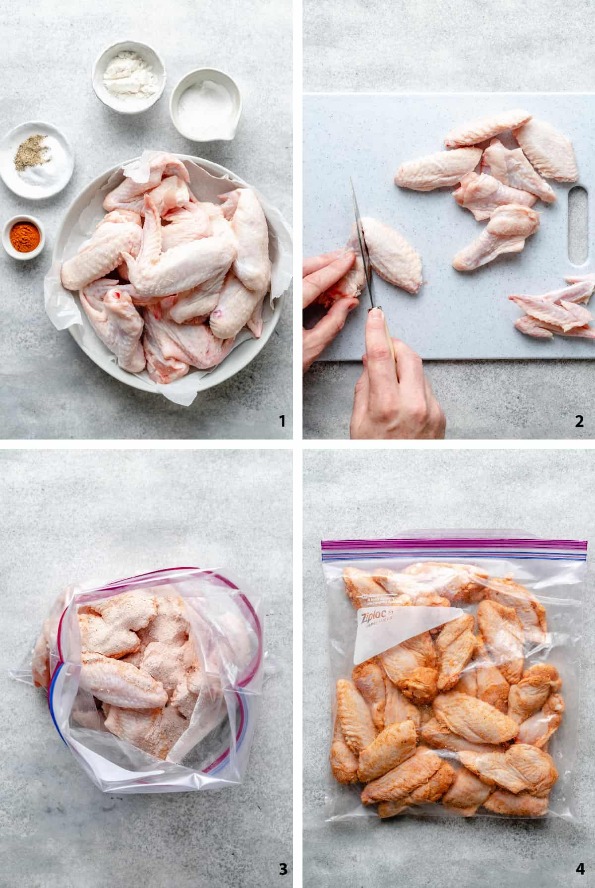 Process of ingredients, preparing the chicken wings and coating them in spices, baking powder & rice flour in a freezer bag.