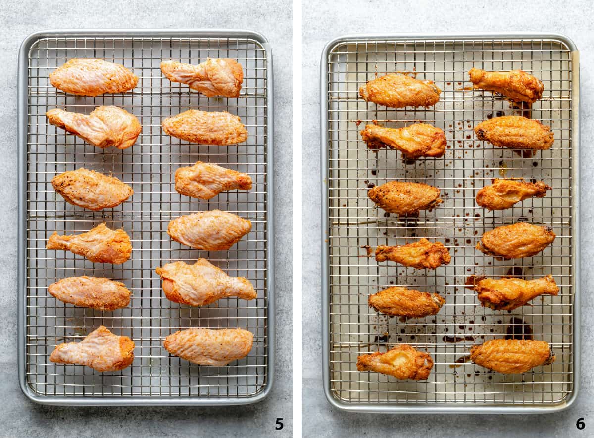 Pre and post baking chicken wings on a wire rack on a baking sheet.