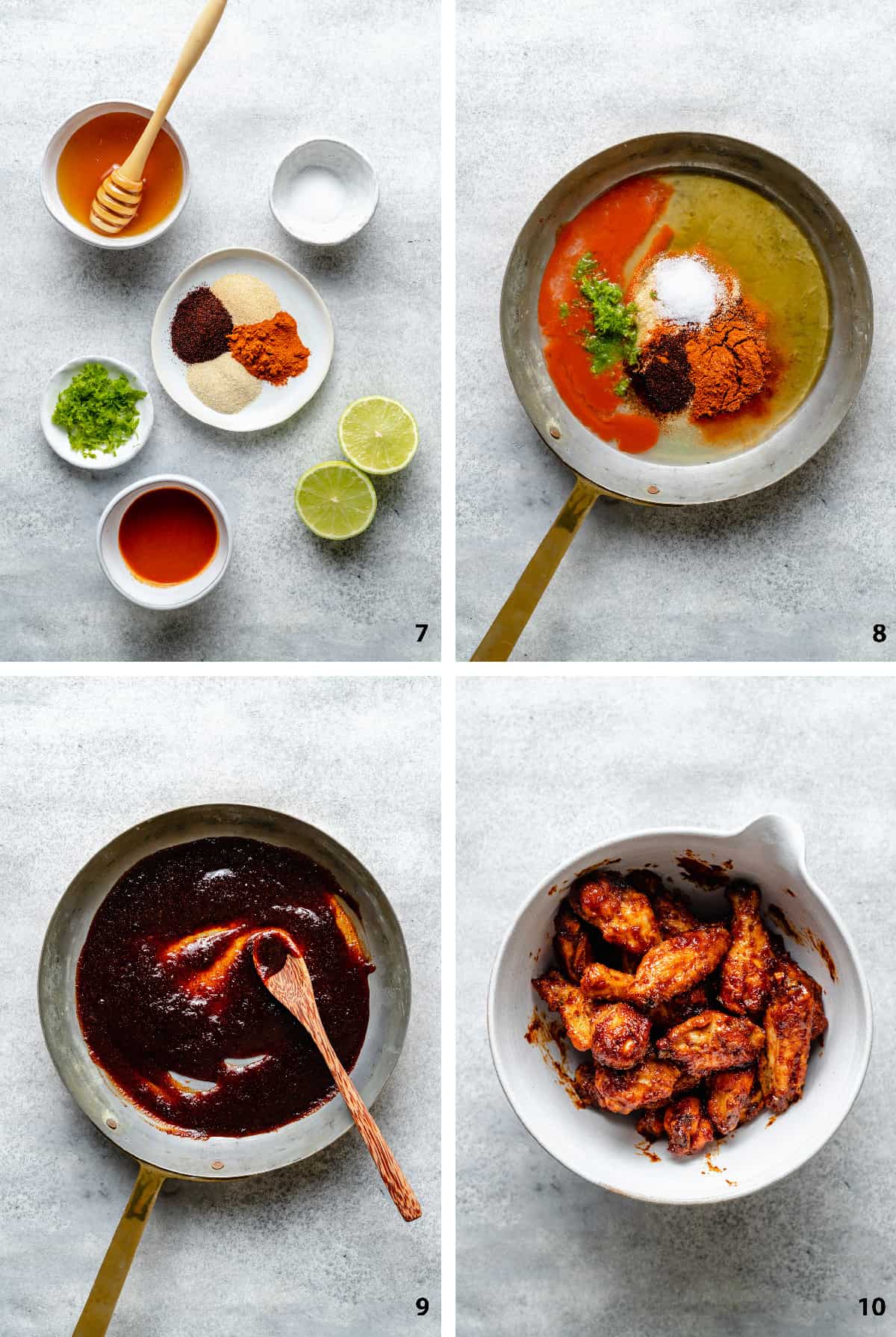 Process of ingredients, putting the sticky sauce together in a small skillet and tossing sauce through wings.