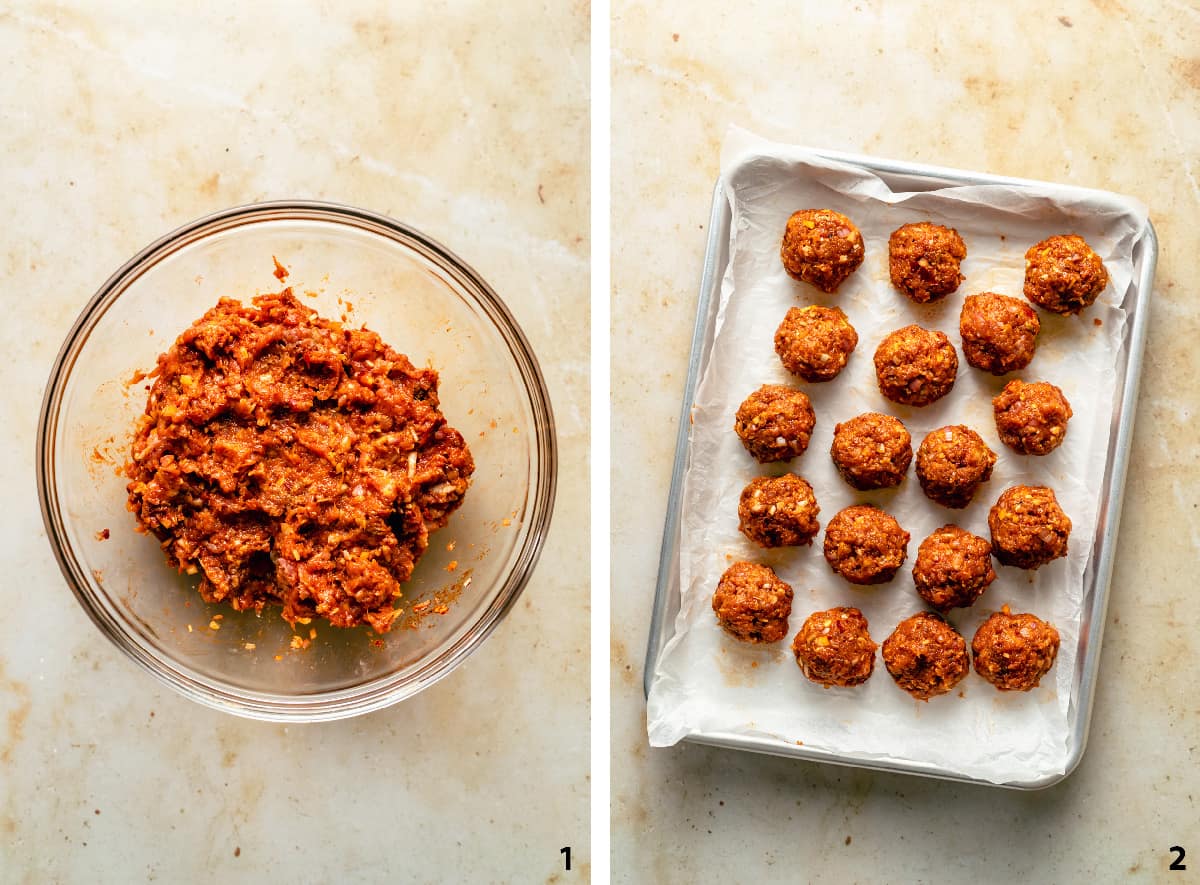 Process steps of the spicy turkey meatball mix in a bowl and scooped and rolled into balls on a baking sheet. 