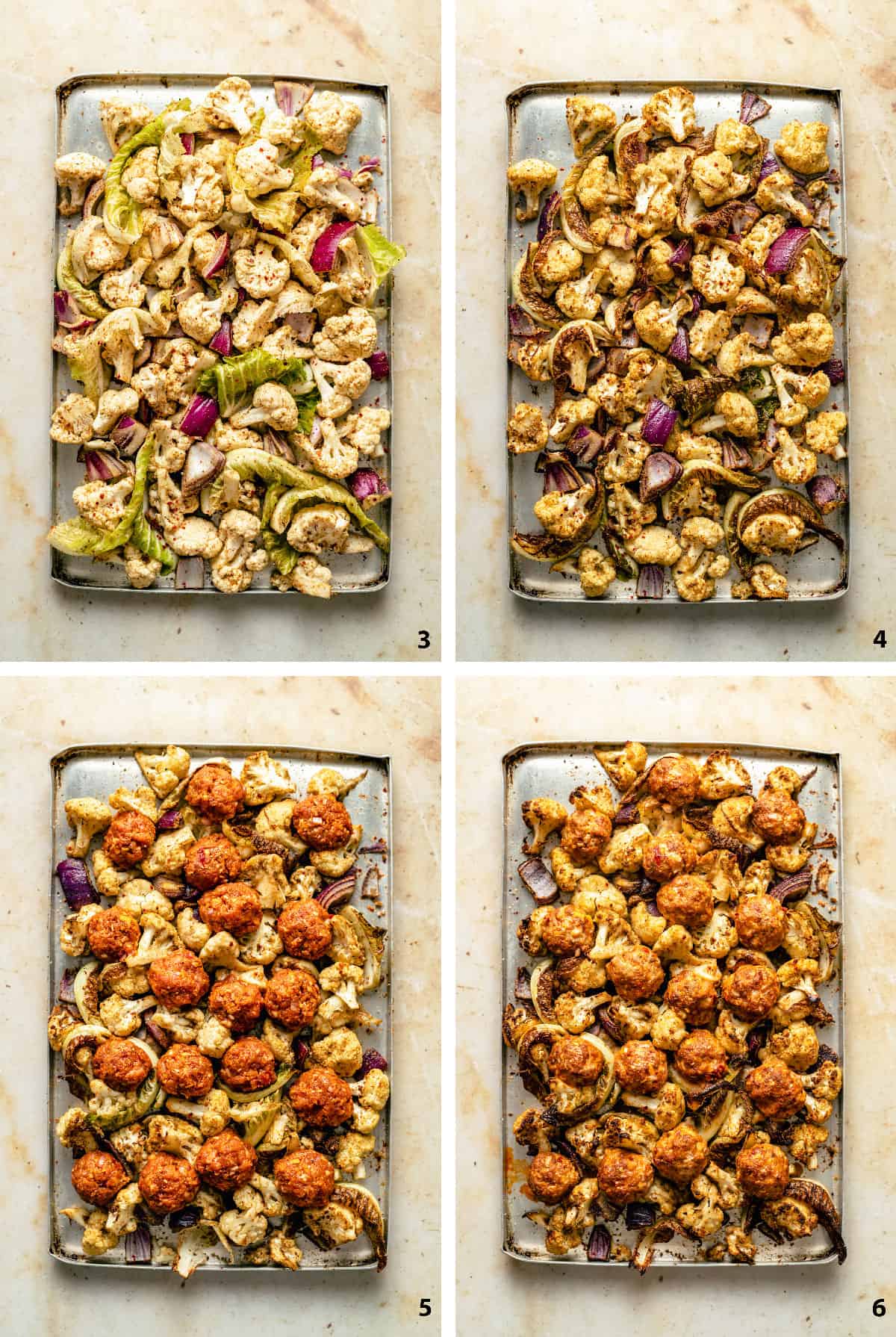 Process steps of spices on cauliflower, baked cauliflower, meatballs pre and post baked on baking sheet. 