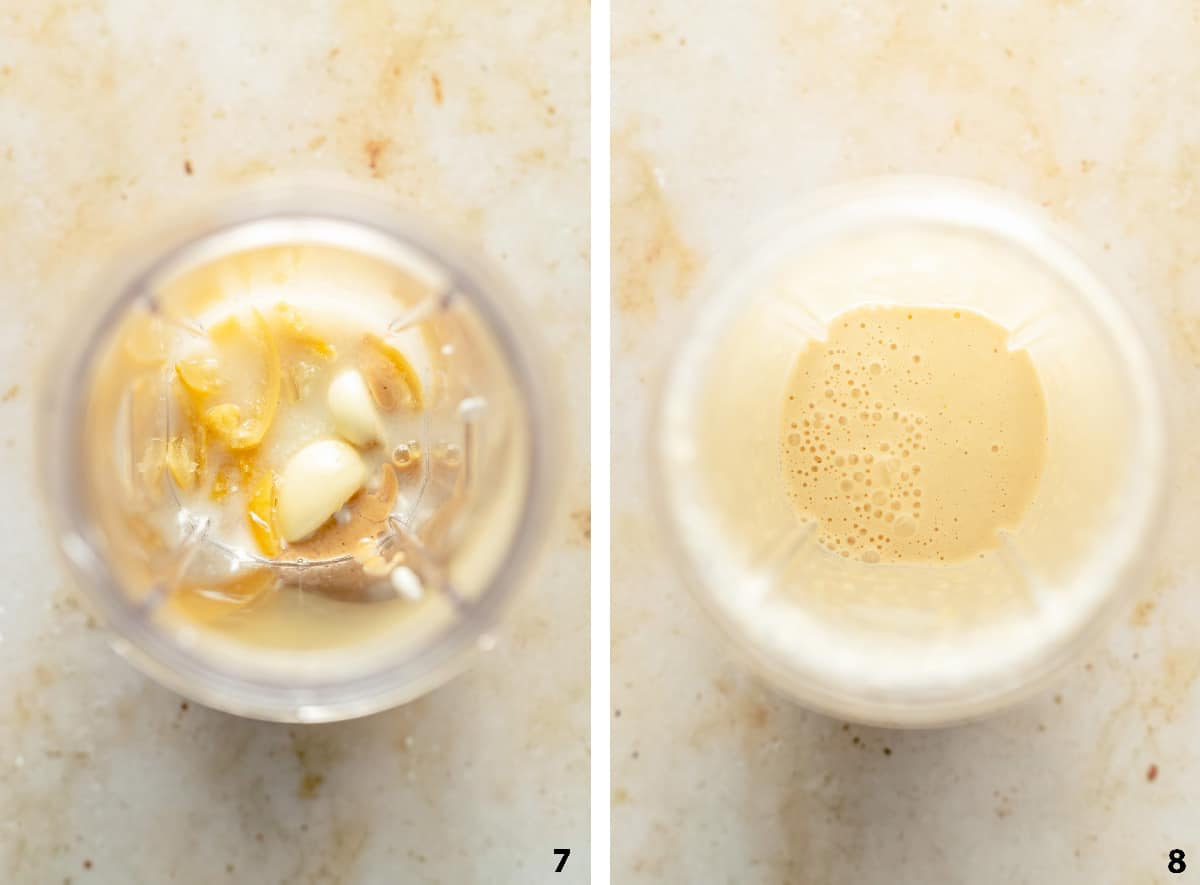 Process steps of lemon garlic yoghurt ingredients in blender and blended.