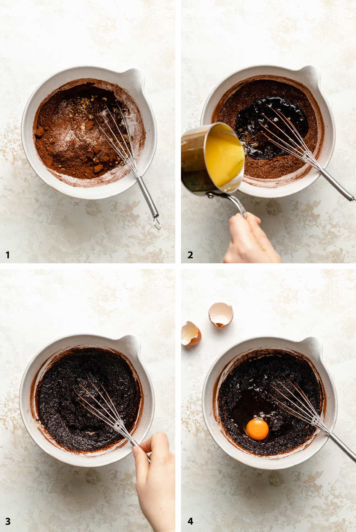 Process steps of mixing butter into the cocoa powder and sugar, then adding in eggs. 