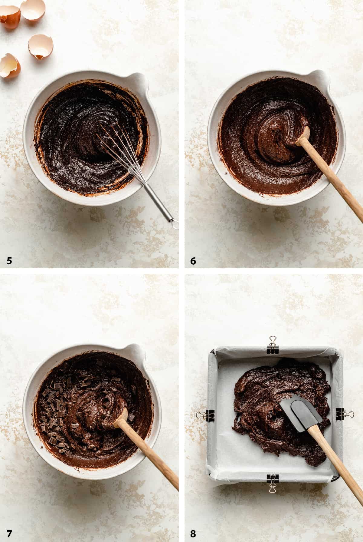 Process steps of finishing off the chocolate brownie batter adding in chopped chocolate and spreading in a baking tin.