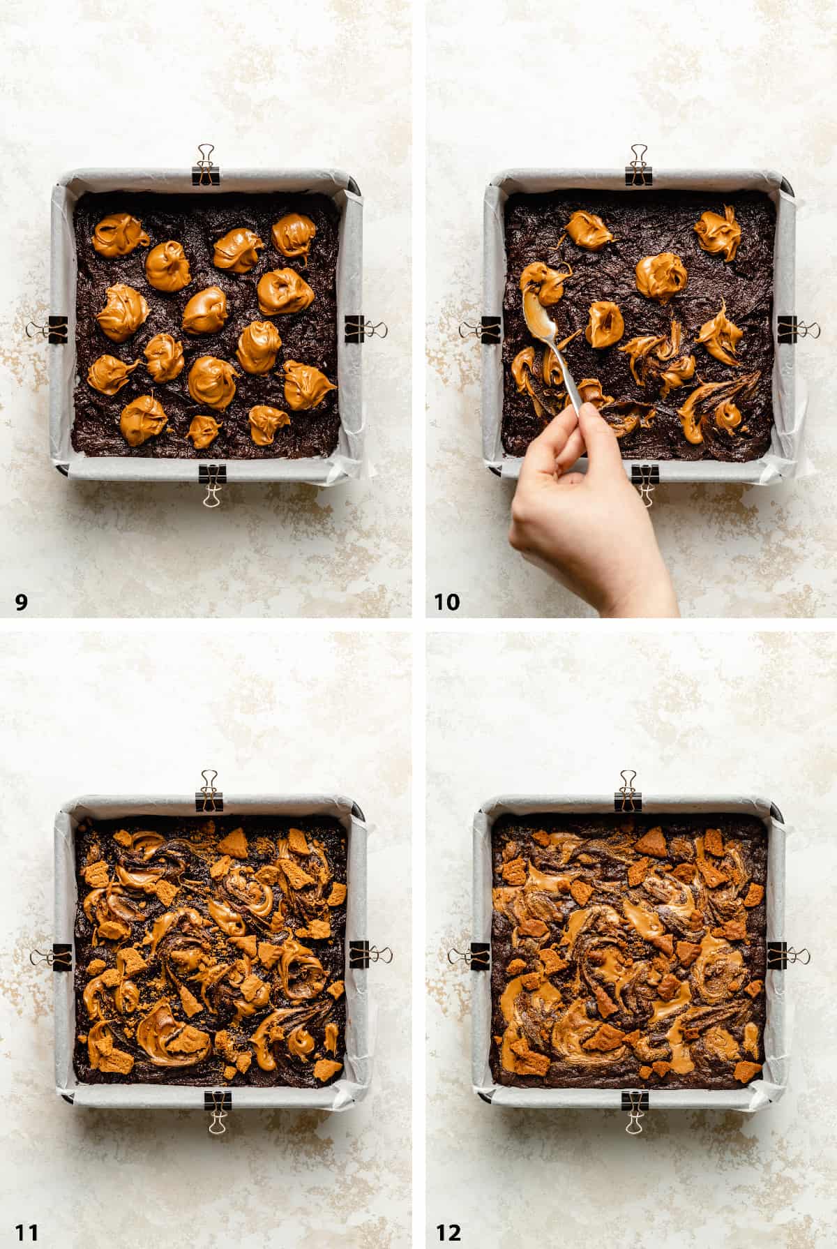 Process steps of adding dollops of biscoff to the first layer and swirling the biscoff on the top layer then baked.