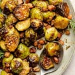 Caramelized brussels sprouts with bacon and maple syrup pin.