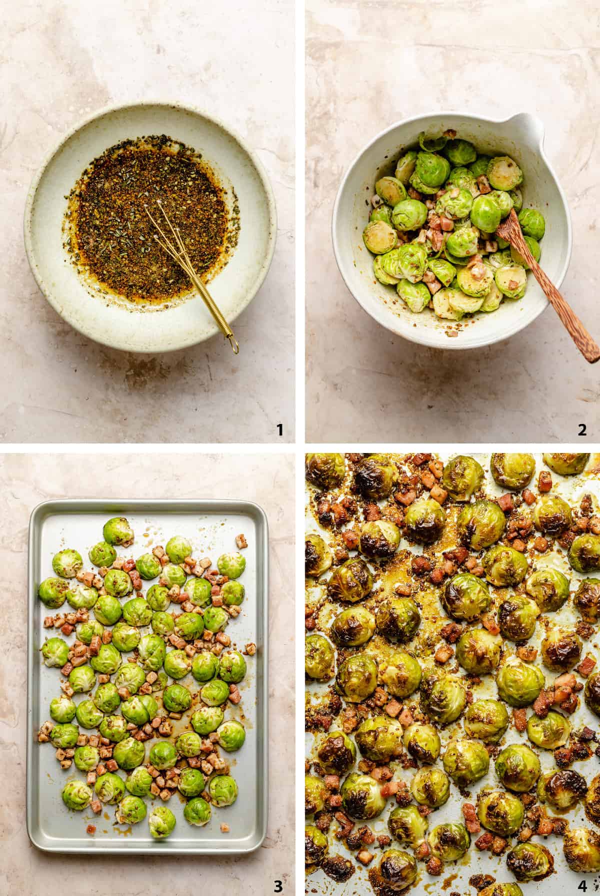 Process steps of making the marinade, tossing in the brussels sprouts, pre baked and baked on a baking sheet. 
