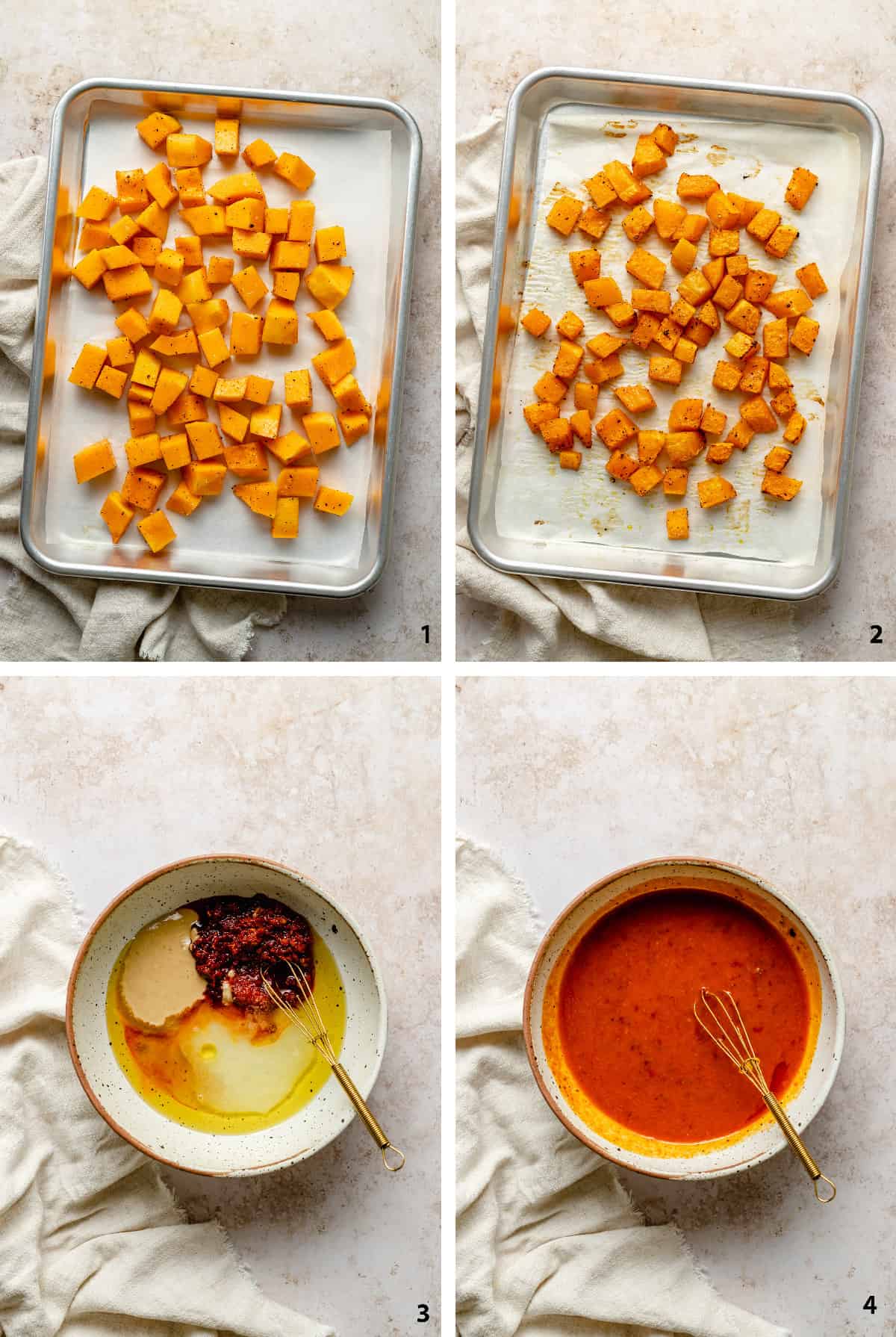 Process steps of roasting the butternut squash and whisking together the harissa dressing ingredients.