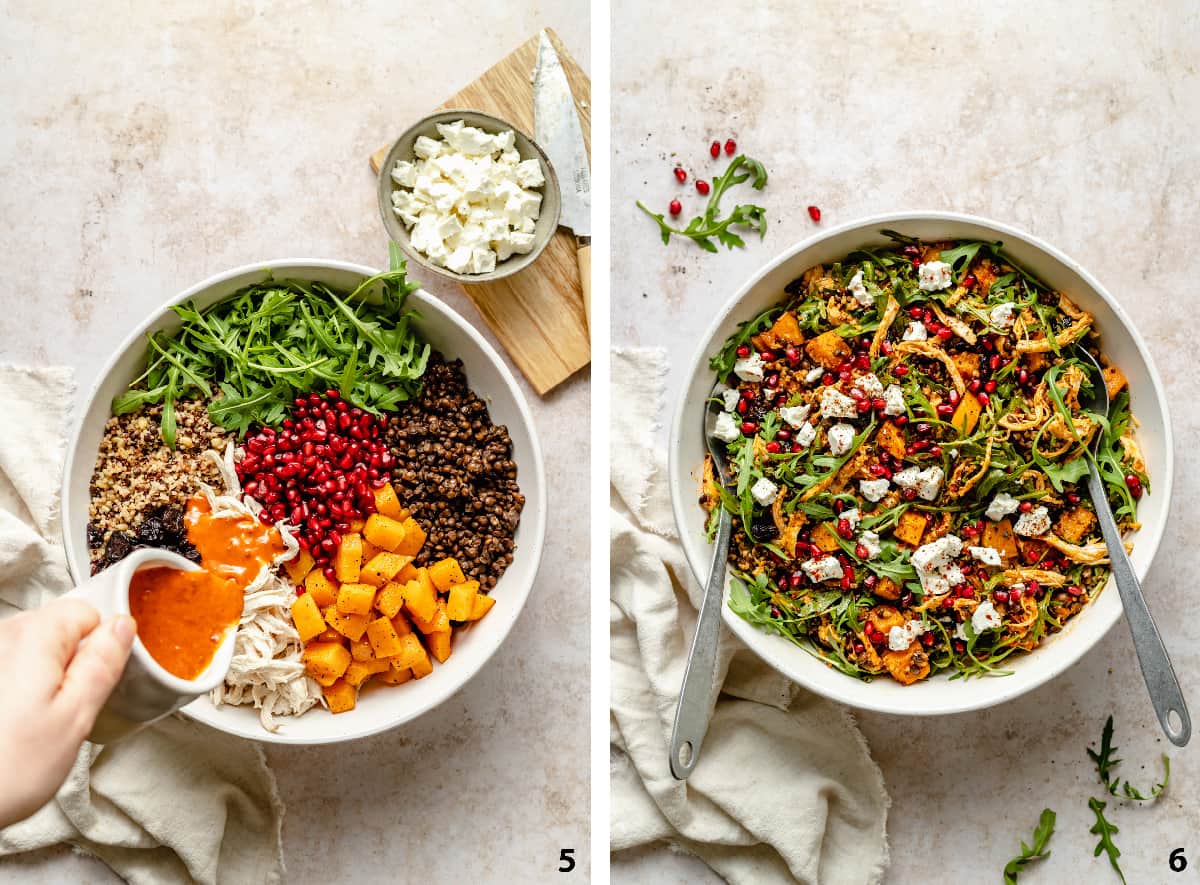 Process of the grain salad ingredients in a large bowl with dressing poured over and tossed together. 