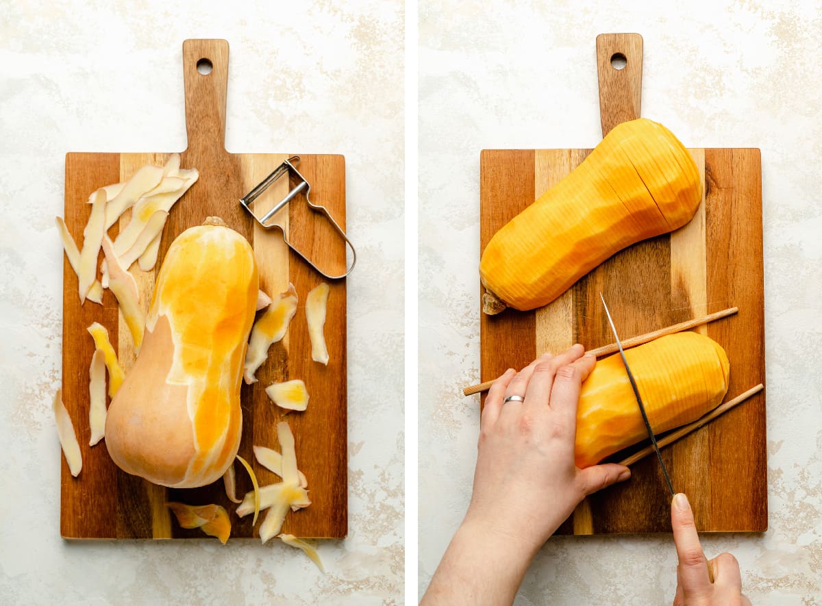 Process of peeling butternut squash and hasselbacking the squash.