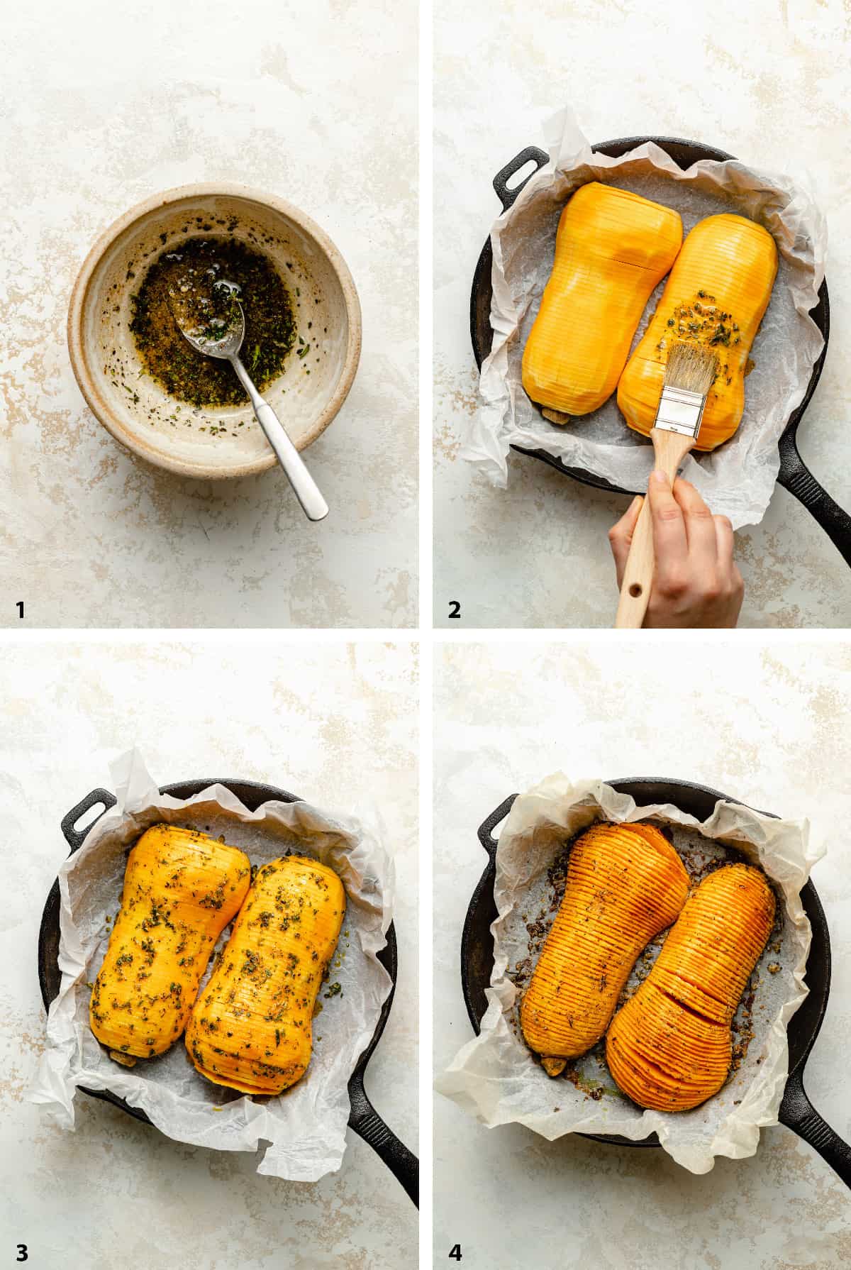 Process of rosemary garlic marinade, brushing it on, and roasted hasselback butternut squash in a skillet.