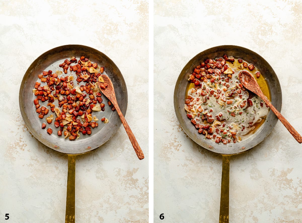 process of frying pancetta and garlic in a skillet and brown butter mixed in.