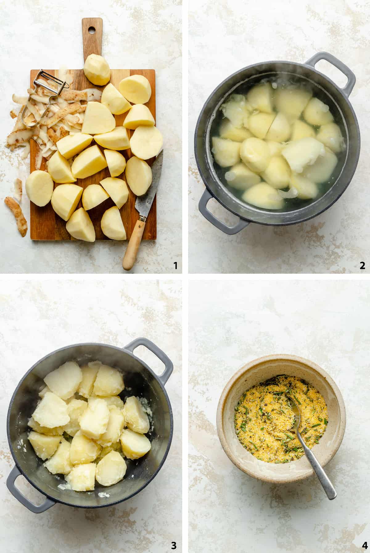 Process steps of preparing the potatoes, parboiling potatoes, drained and roughed up potatoes and the polenta mix. 