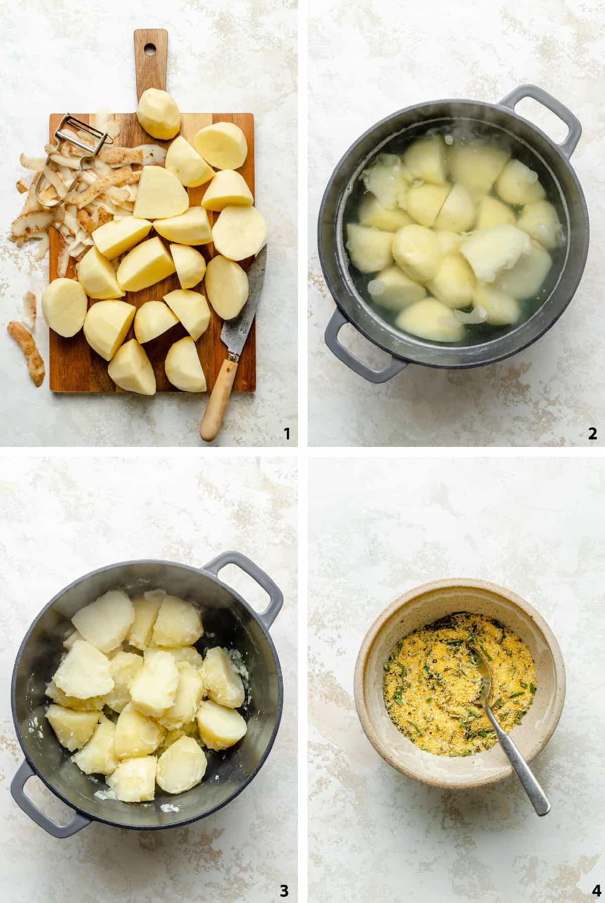 Process steps of preparing the potatoes, parboiling potatoes, drained and roughed up potatoes and the polenta mix.