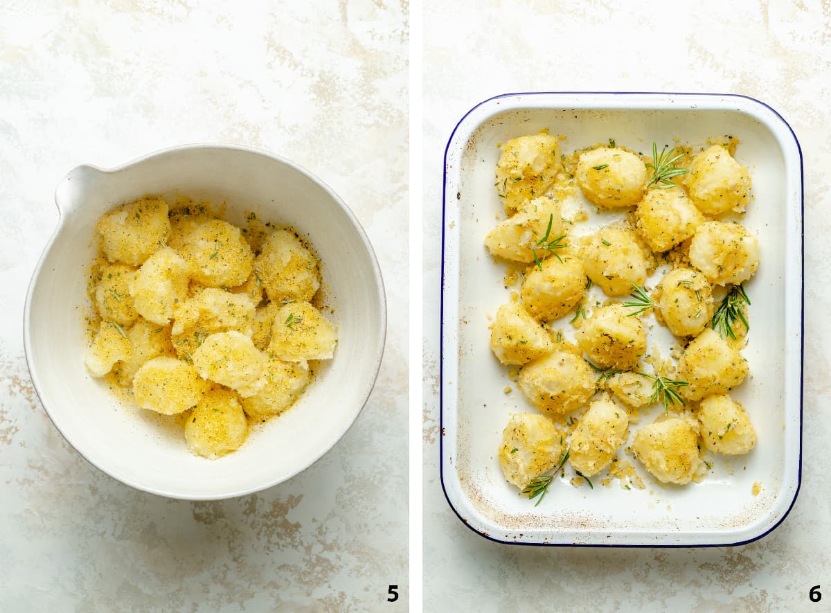 Process of polenta mix coating the potatoes in a bowl and pouring them into hot fat in a roasting pan.