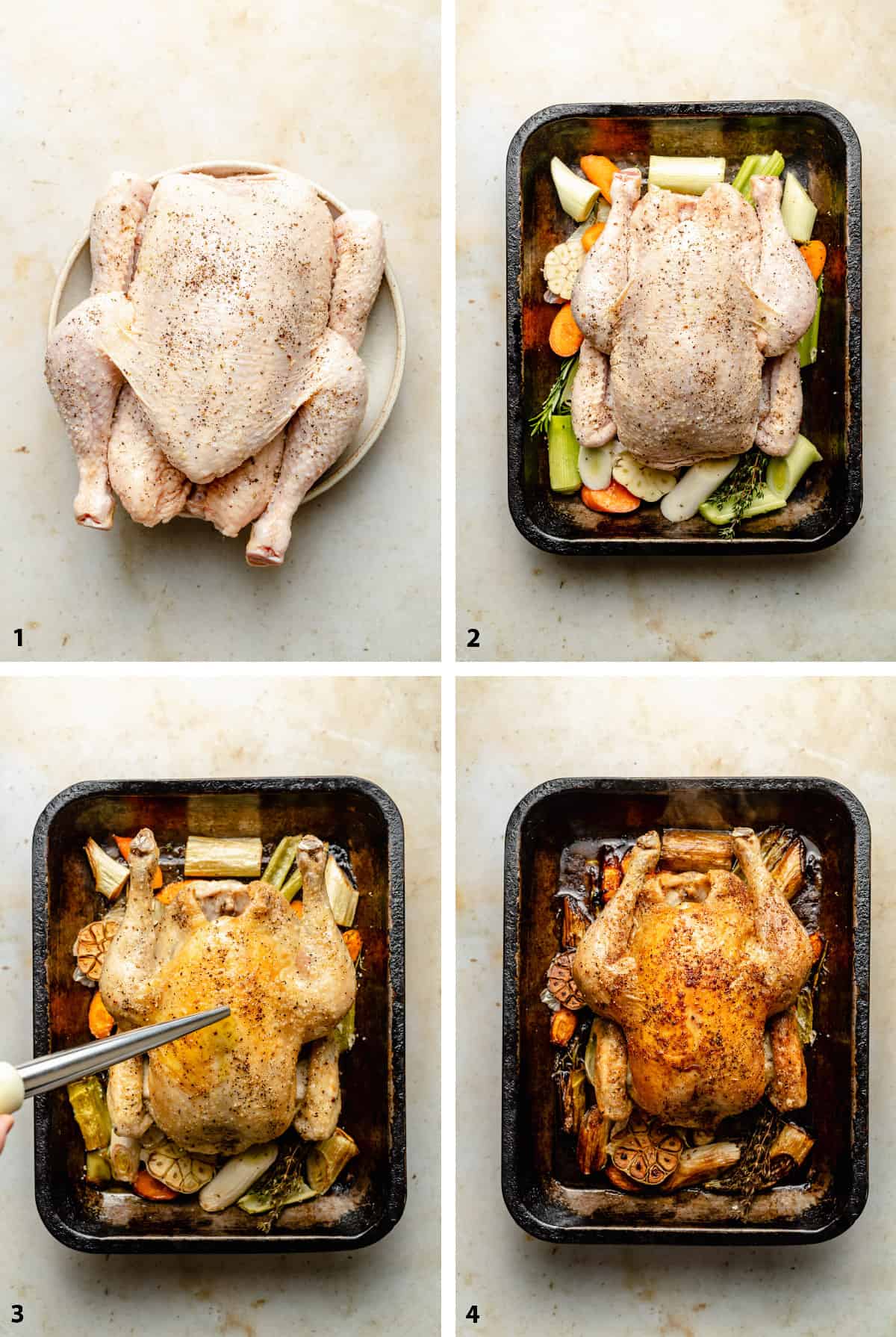 Process of preparing the whole chicken and roasting on a trivet of vegetables.