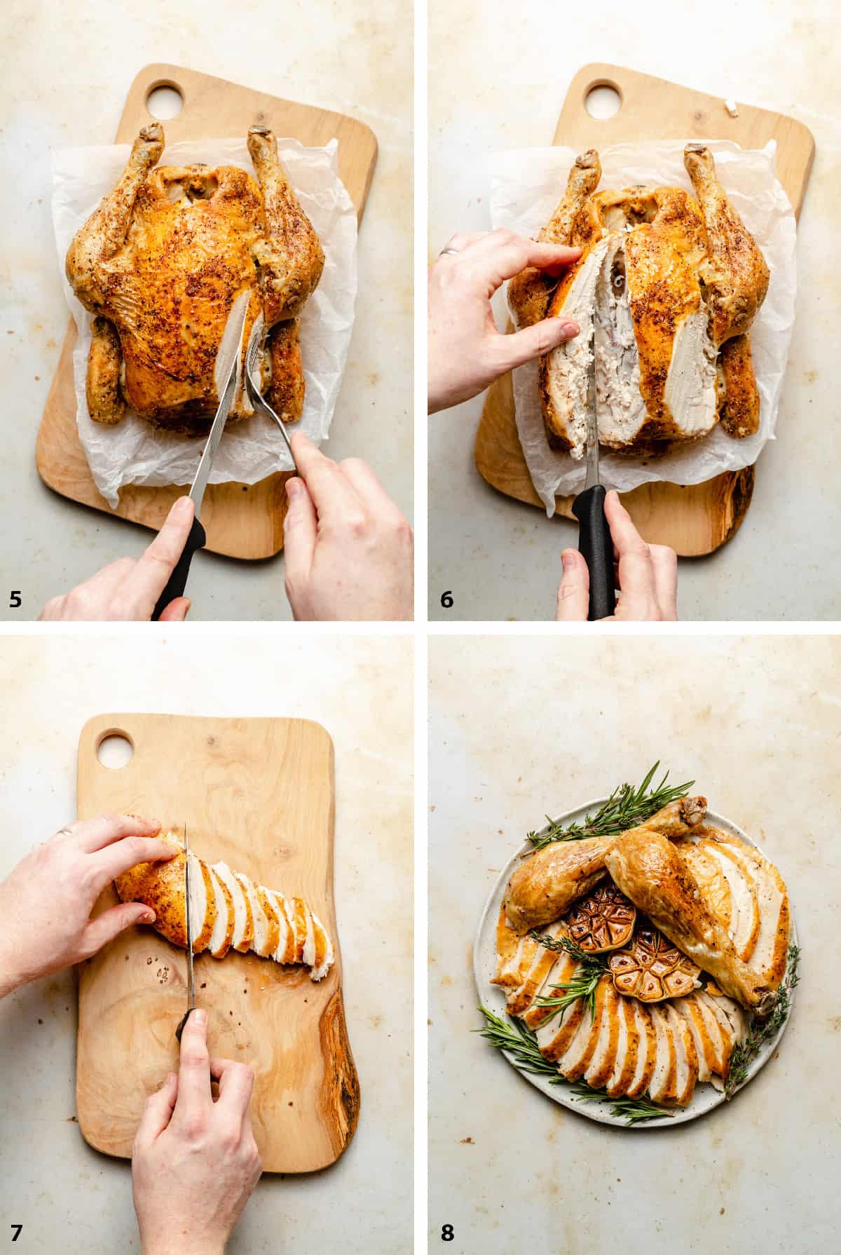 Process steps showing two different ways to carve a chicken, then served on a plate.