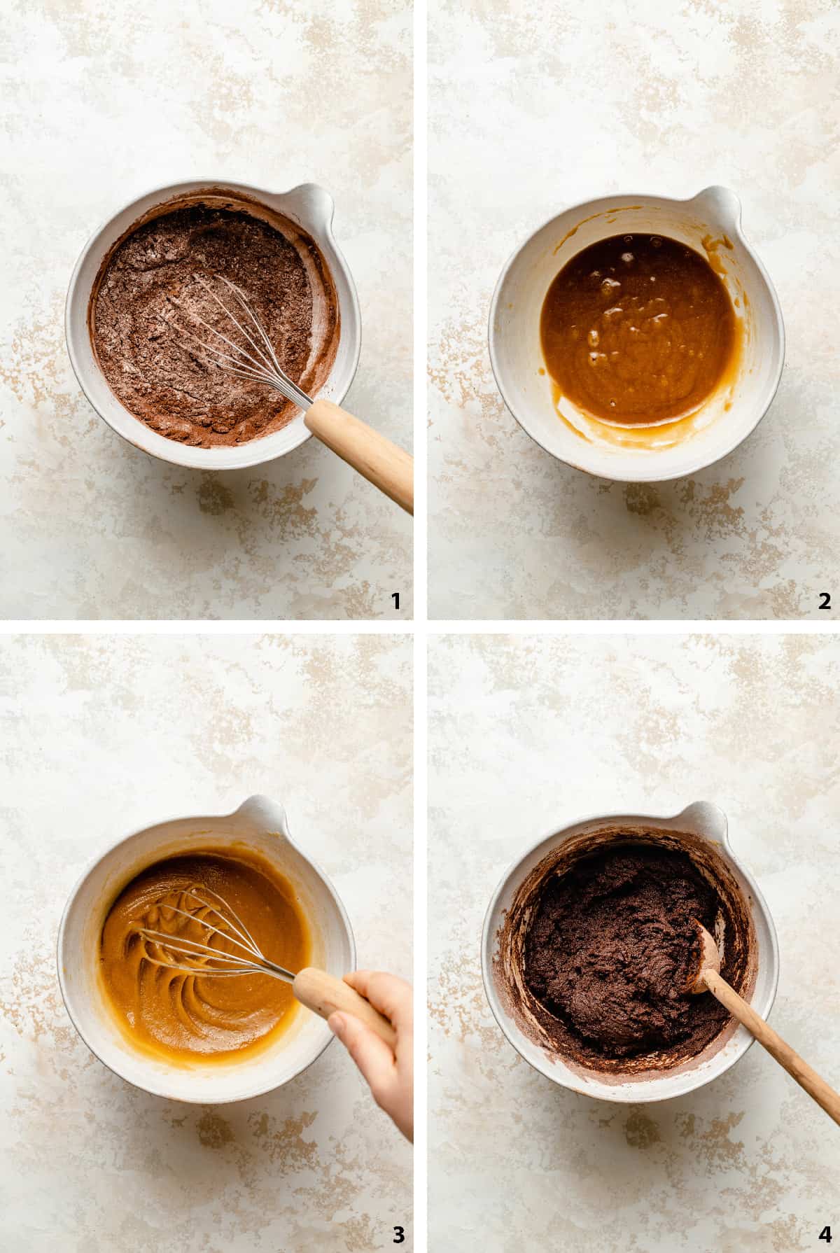 Process steps of mixed dry ingredients, sugar and melted butter, adding eggs and cookie batter in bowl with a spoon.