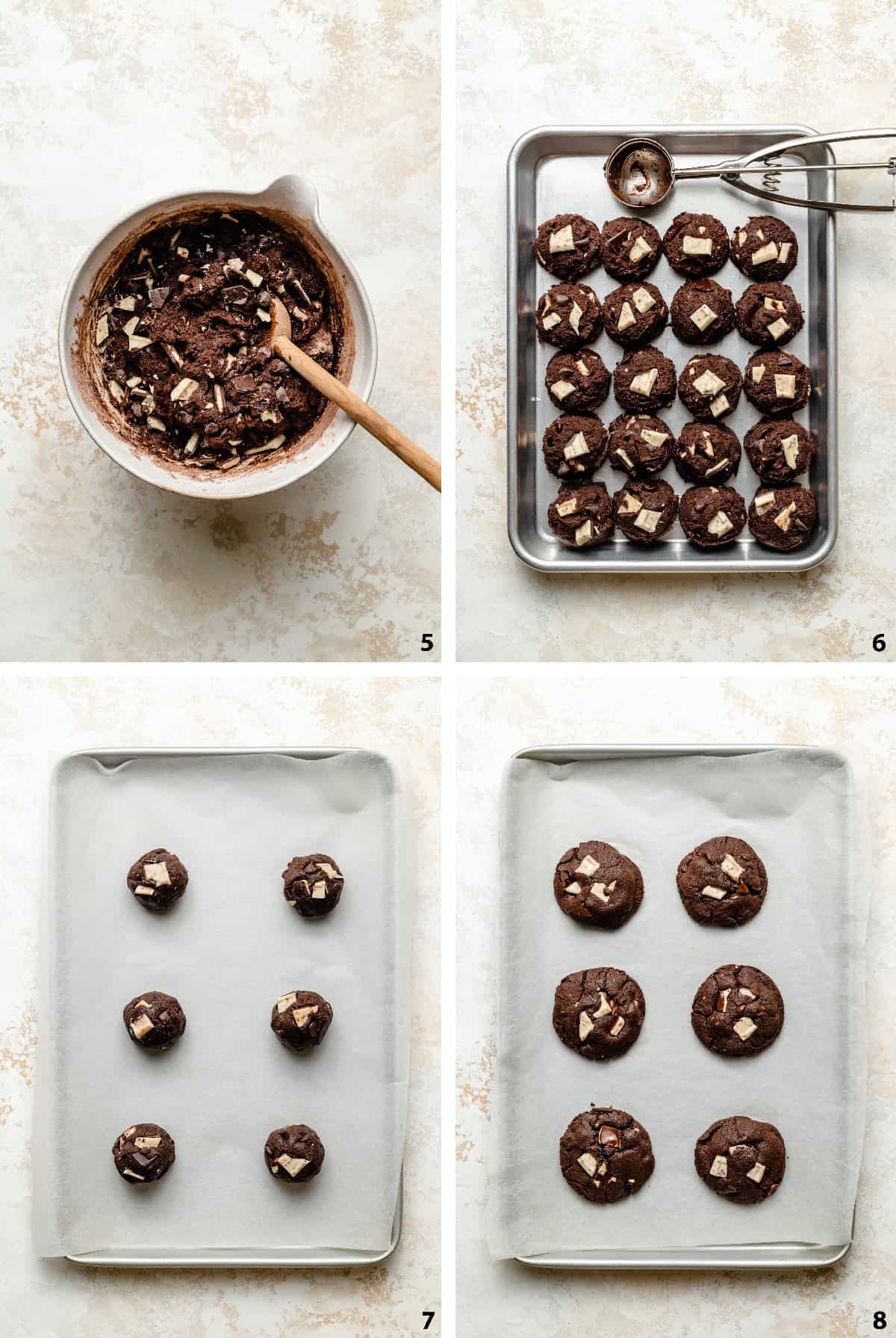 Process of cookie batter with peppermint bark stirred through in a bowl, scooped on a tray, rolled on a baking sheet and baked.