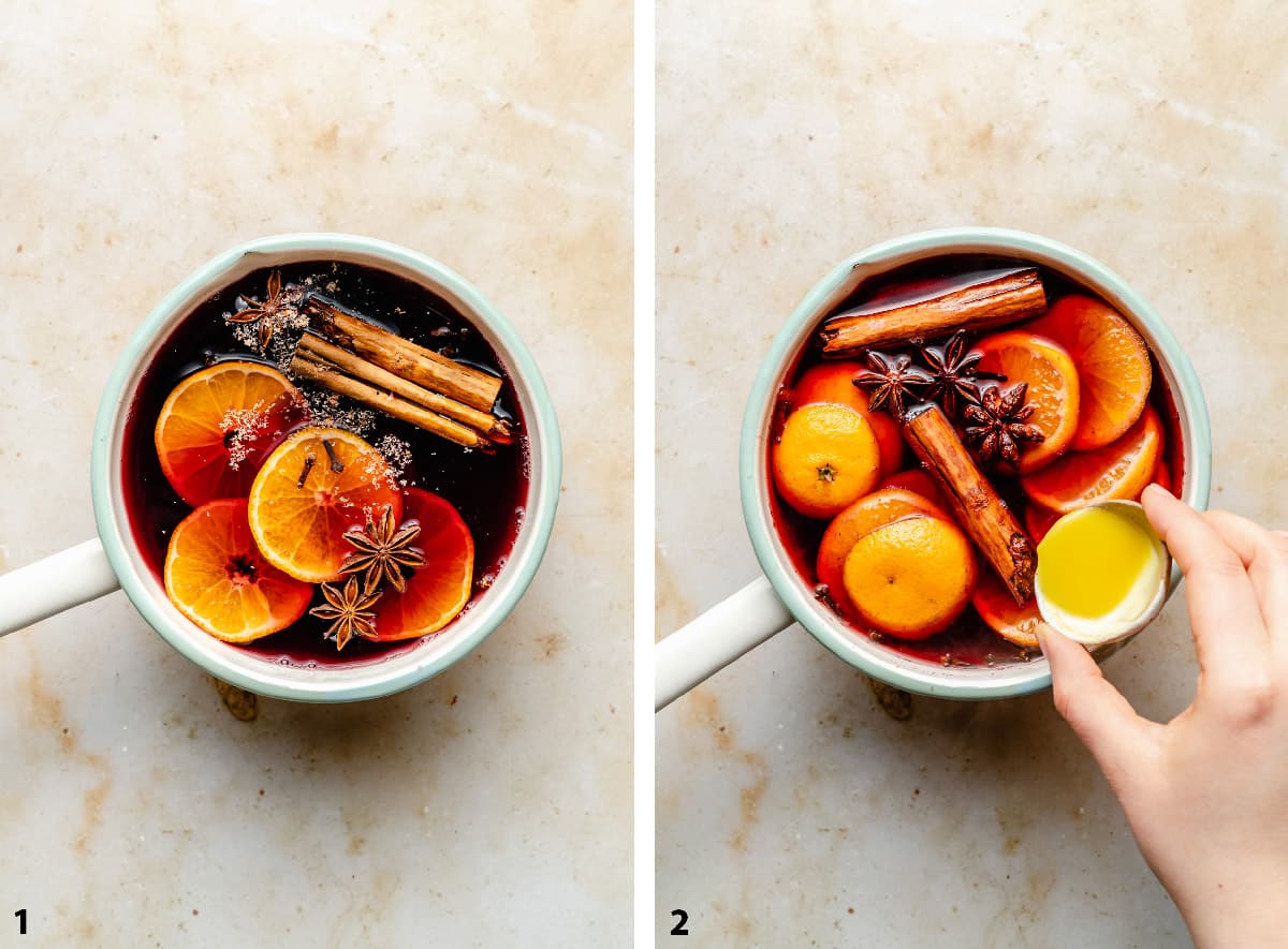 process of putting all the ingredients in a pan and pouring in ginger juice.