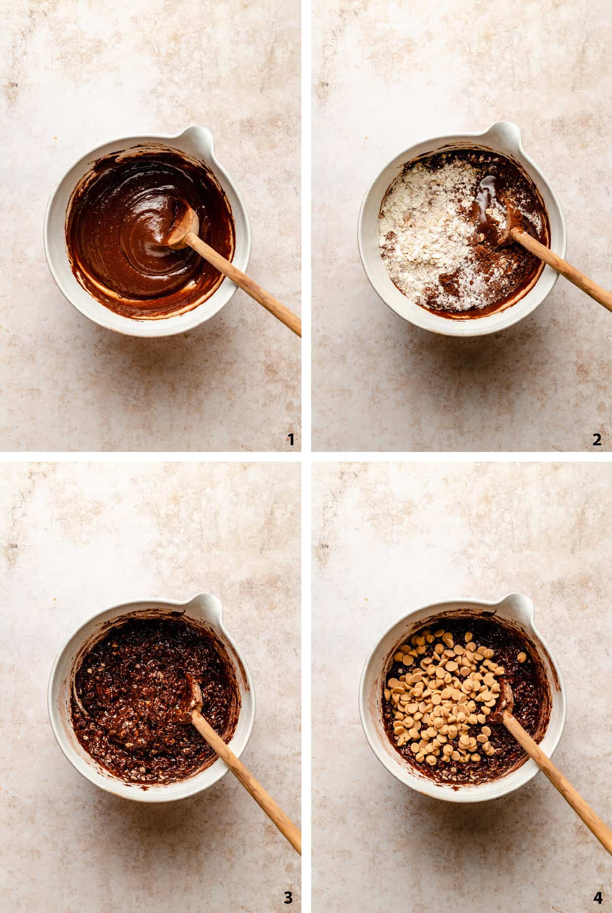 Process steps of making the batter, stirring in dry ingredients, and folding in peanut butter chips.