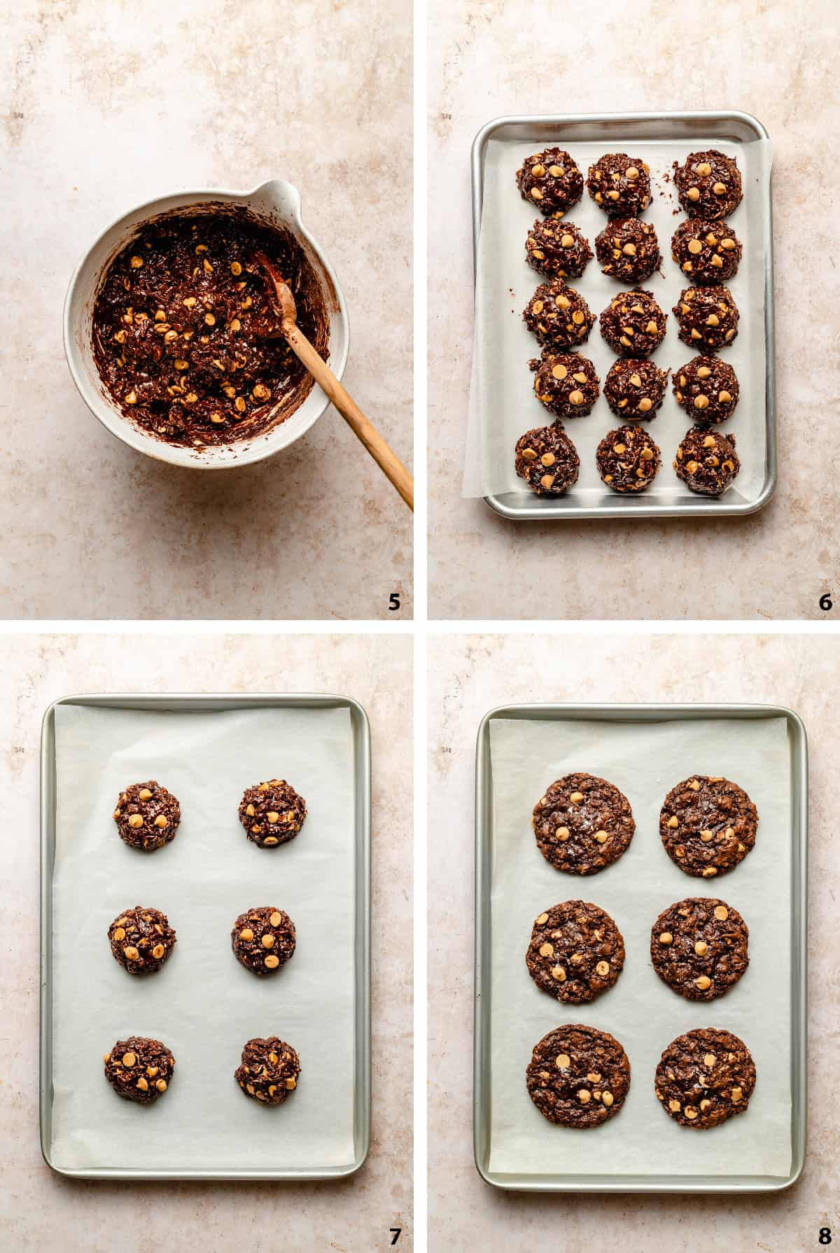 Cookie batter with peanut butter chips stirred throughout with a spoon, on a tray and baked.