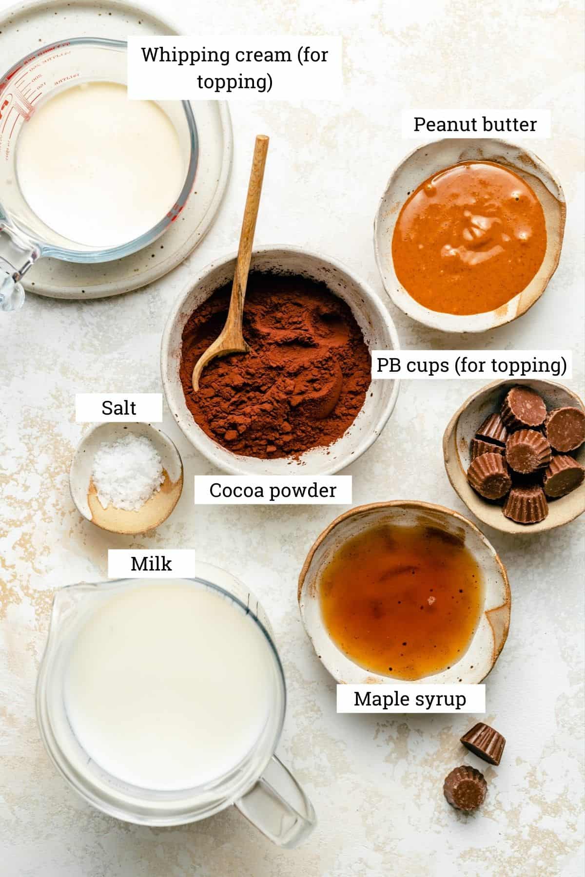 Ingredients for hot chocolate including milk, cocoa powder, peanut butter and maple syrup.