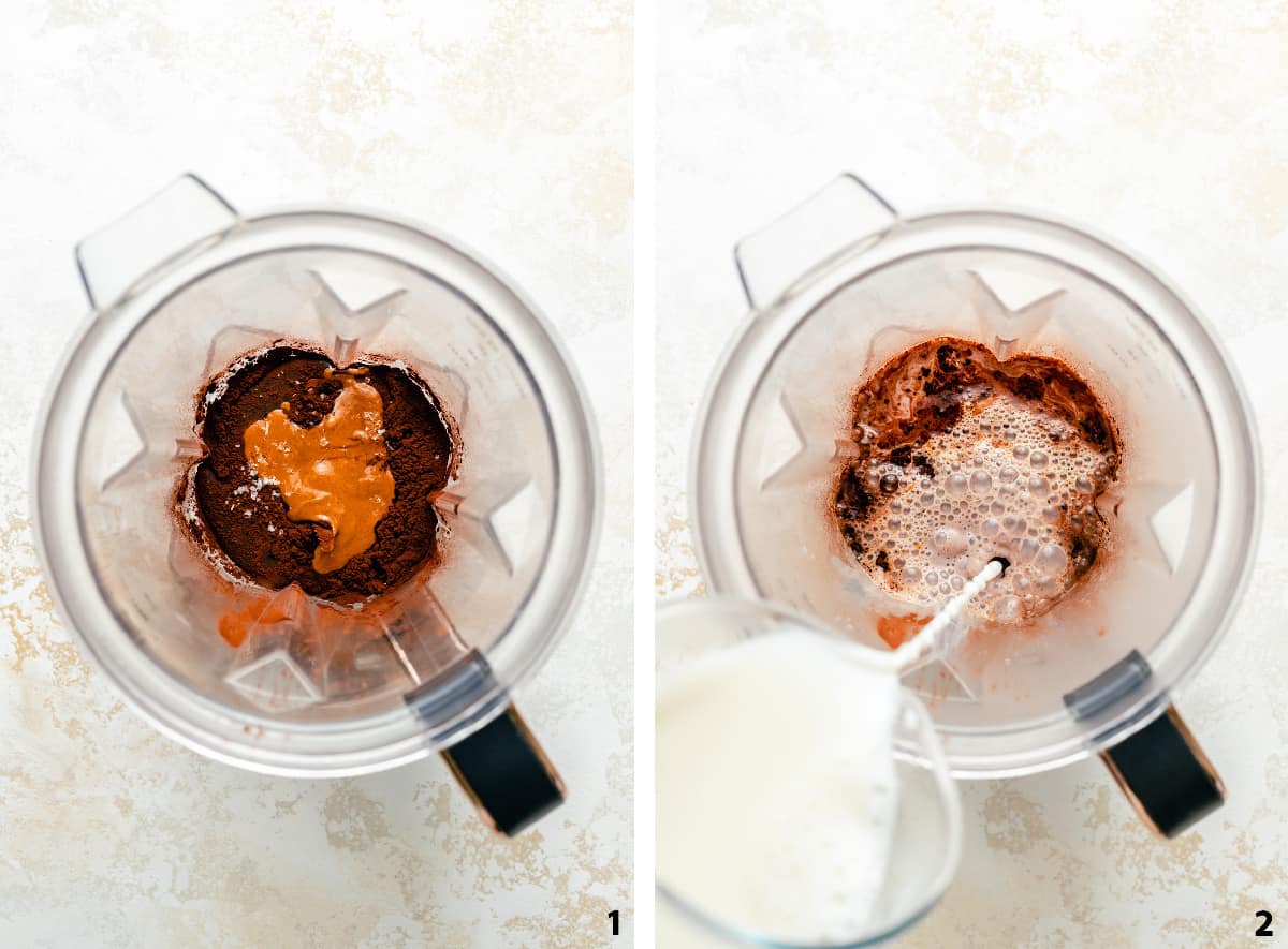 Process of adding hot chocolate ingredients to a blender, pouring milk in and it blended.