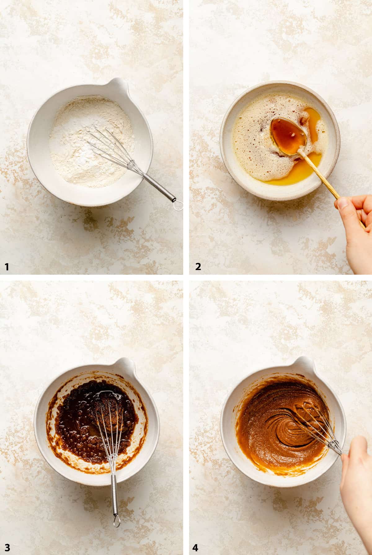 Process steps of mixing dry ingredients, browning butter, mixing butter and sugar and whisking in egg.