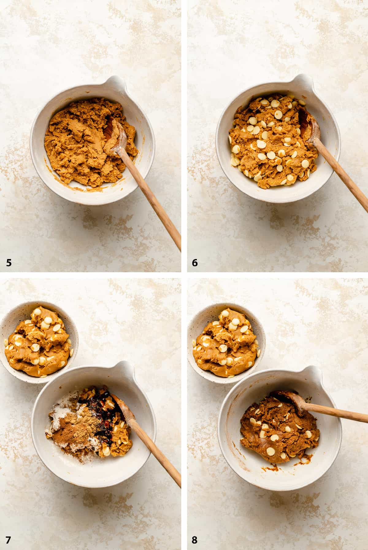 Process steps of the cookie batter in a bowl, mixing the chocolate buttons in, splitting the dough and making the gingerbread side.