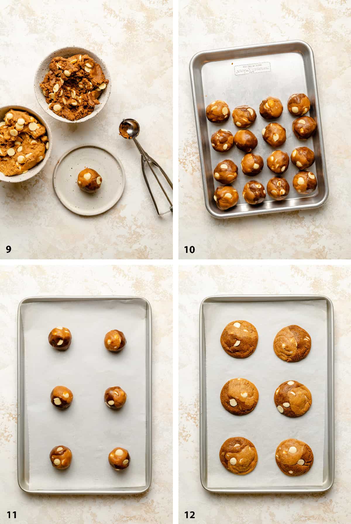 Process of scooping and making swirl cookies, cookie dough balls on a baking sheet and baked cookies.