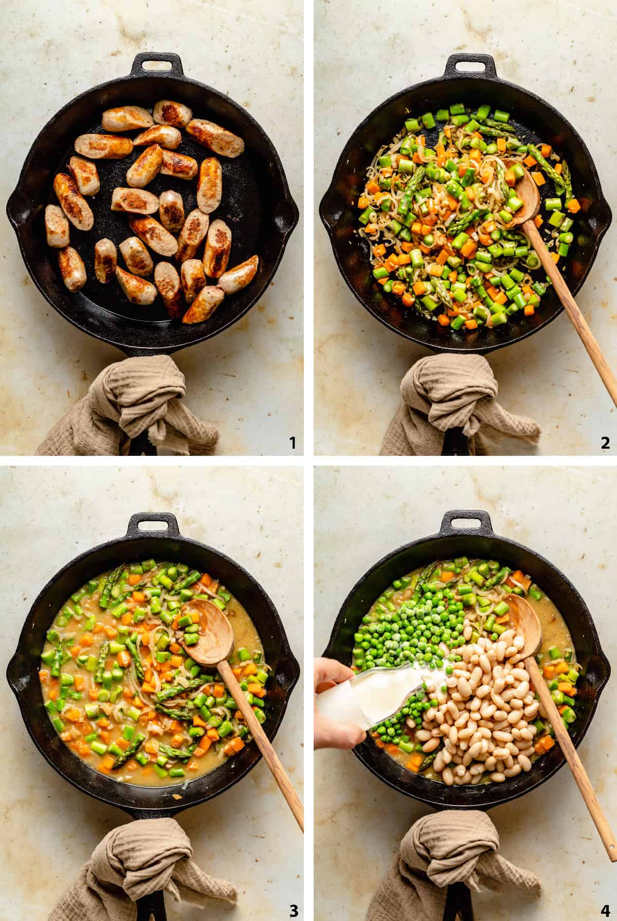 Process steps of cooking the chicken sausage skillet with a creamy sauce. 