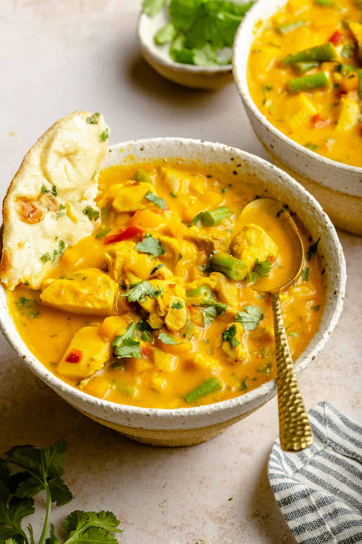 a bowl of coconut curry chicken soup with a spoon and naan dipping into the bowl.