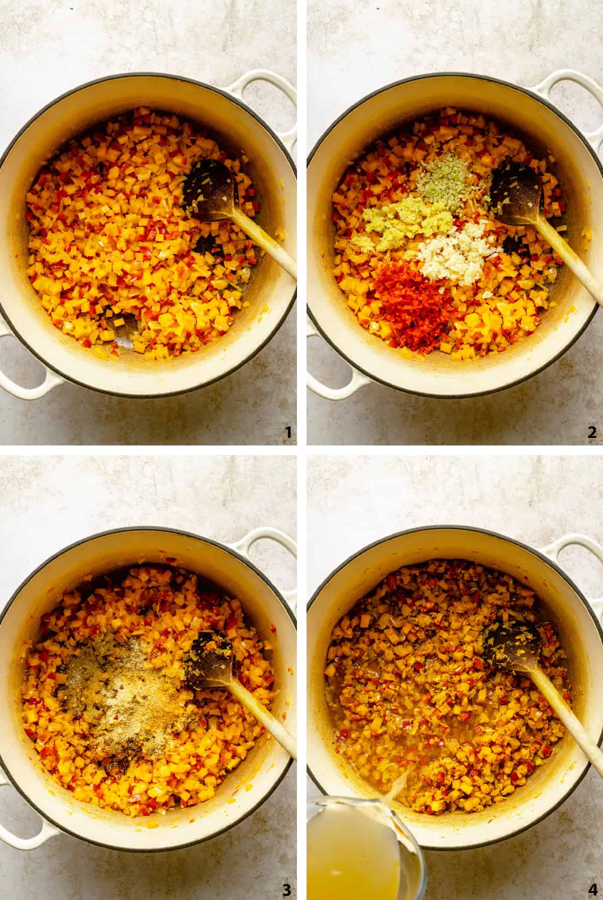 Process steps of sautéing the vegetables, adding the aromatics, spices, red lentils and pouring in chicken stock.