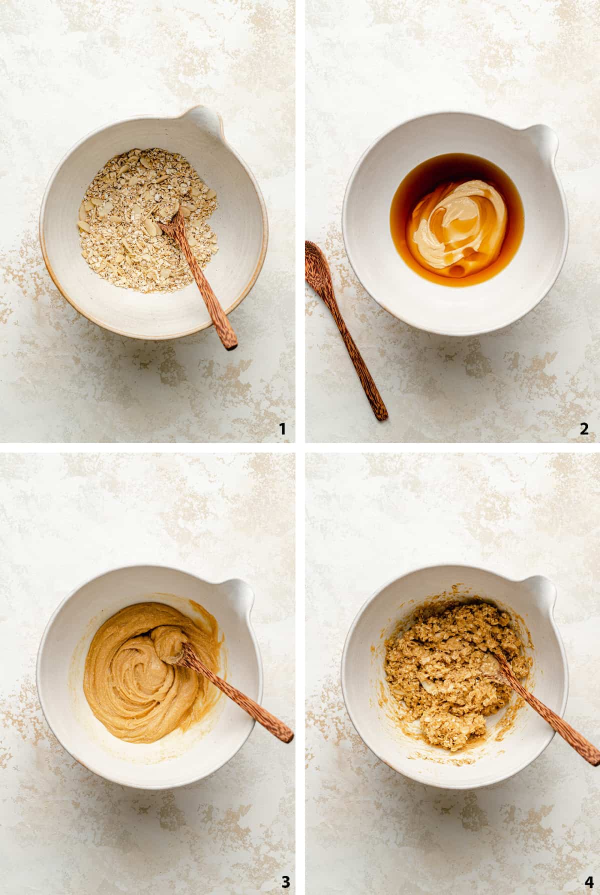 Process of mixing the dry and wet ingredients into a granola bar base.