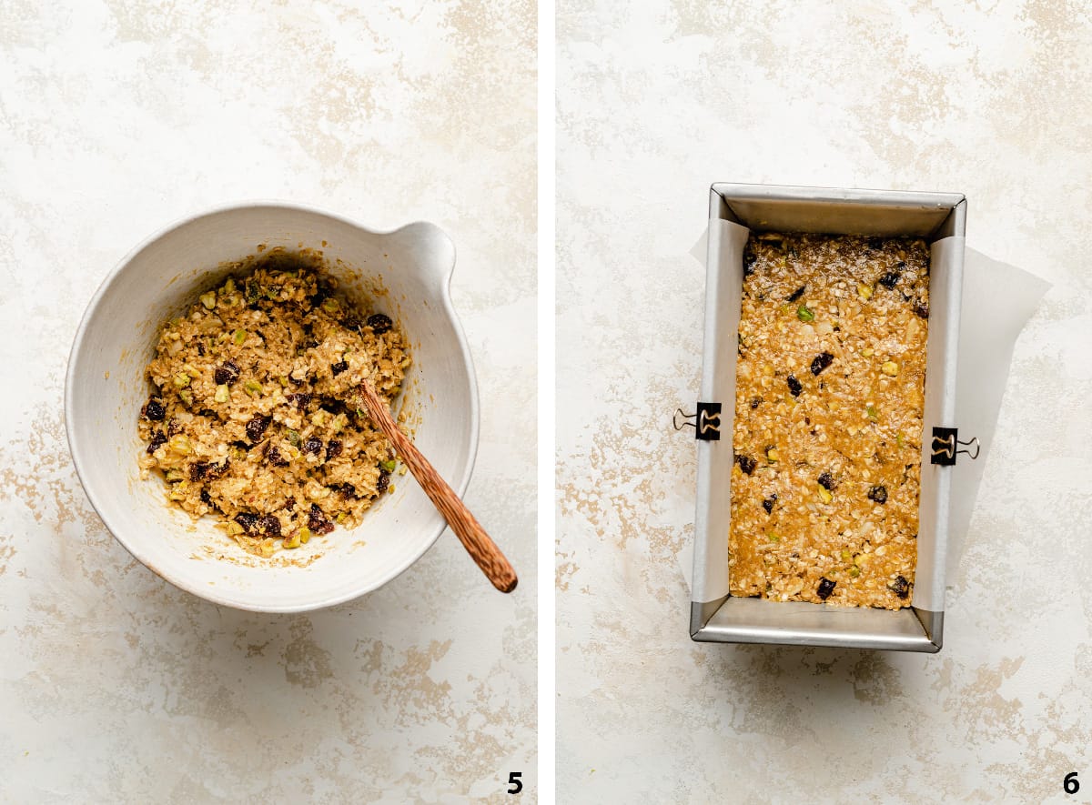 Addition of dried fruit and nuts and pressed into a loaf pan showing the pre set no bake granola bar.