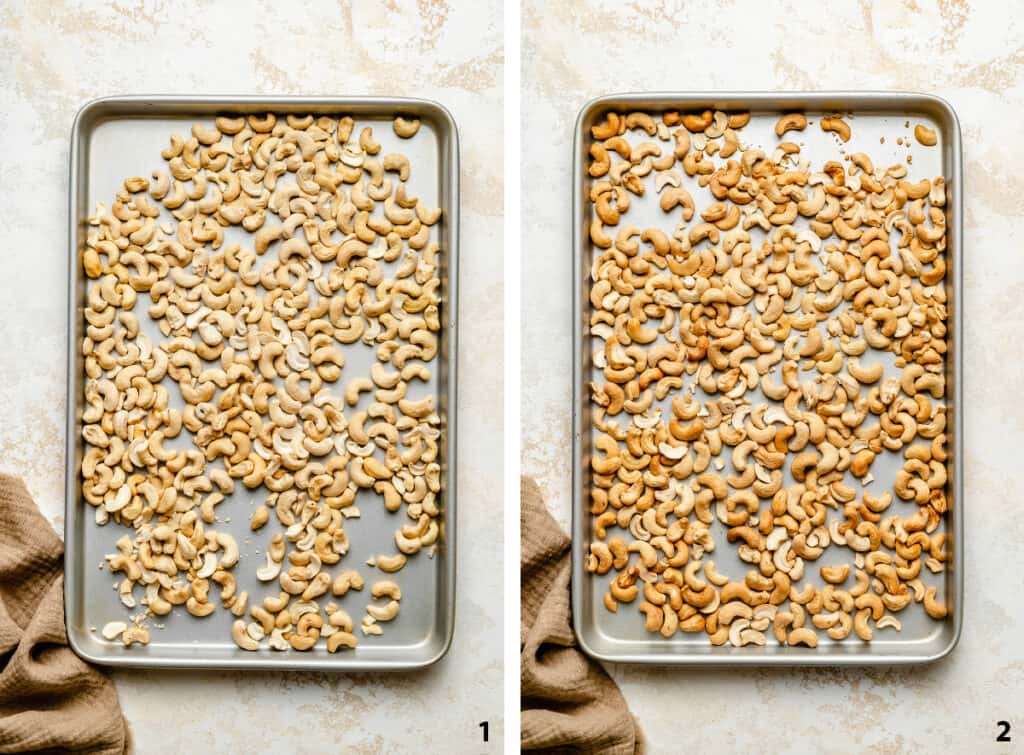 Process steps of cashews on baking sheet before and after roasting.