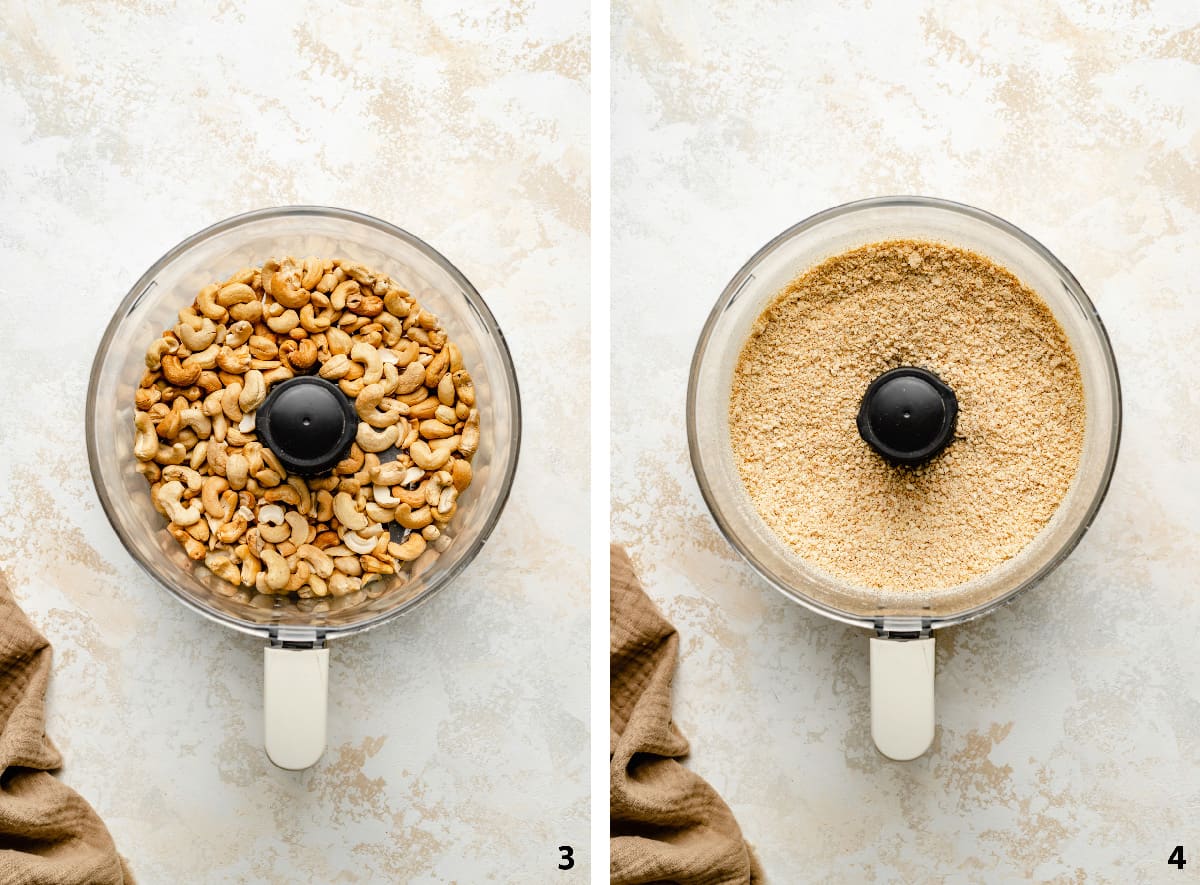 Process steps of blending roasted cashew nuts into a fine flour.